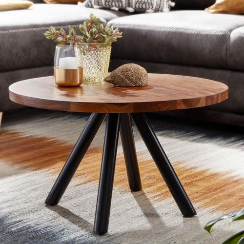 FineBuy Table Basse de Salon Sheesham Bois Massif et Métal 60x60x35 cm Ronde | Petite Table de Canapé Marron | Design Table d'appoint Style Moderne – Image 3