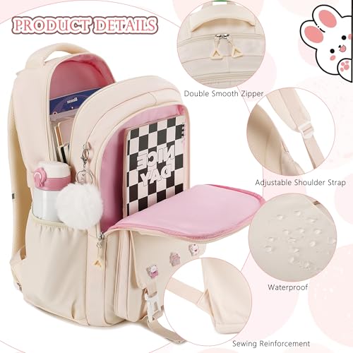 AO ALI VICTORY Backpack for Girls 3 PCS Cute School Backpacks Elementary Kids Book Bag with Lunch Box Pencil Case Set Laptop College Travel Back Pack Large Bookbags for Girl Teens Women Student White2