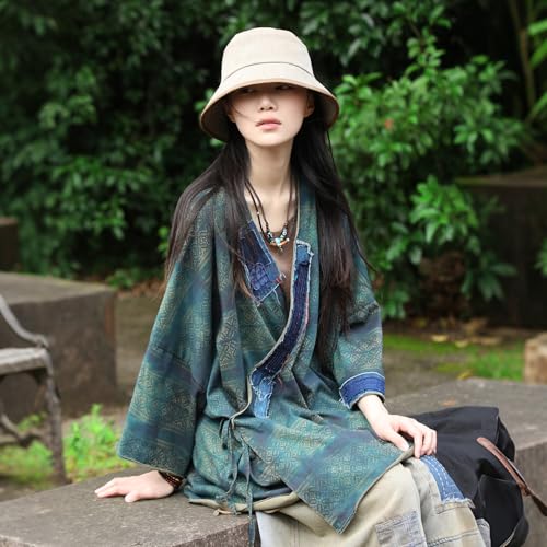 Women's Boho Patchwork Jacket Loose Fit Green Plaid Cotton Casual Top Artistic Design Spring Summer Layering3