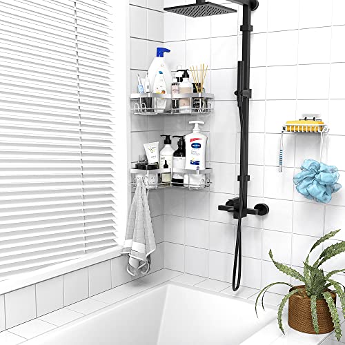 Moforoco Corner Shower Caddy, 3 Pack Shower Organizer Shelf With Soap Holder And 12 Hooks, Adhesive Shower Shelves Rustproof For Bathroom, Shower Storage Basket Bathroom Shower Accessories(Silver) #TOP6