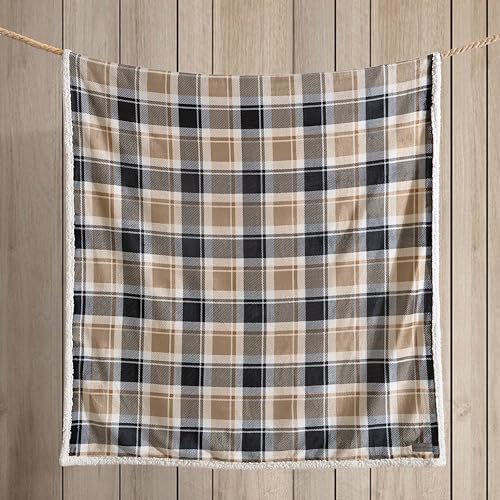 Image of Eddie Bauer - Throw Blanket, Brushed Fleece & Plush Sherpa Bedding, Blanket for Couch & Bed (Rugged Plaid Beige, 50 inch x 60 inch)
