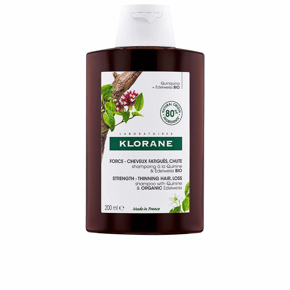 Klorane Strengthening Quinine and Organic Edelweiss Shampoo – Tired Hair, Hair Loss – Sulphate-Free, Vegan* Formula – 1x 200ml Bottle
