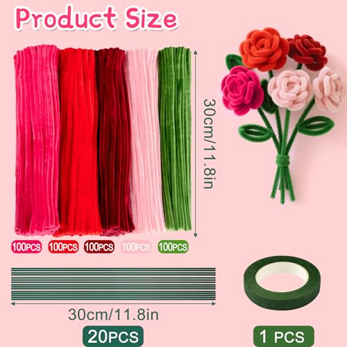 Image of ASTARON 521 Pcs 5 Colors Art Chenille Stems Pipe Cleaners Flower Making Kit | Red Series Craft Pipe Cleaners,20 Floral Wires,Green Gardening Tape, Flowers Making Kit,Polyester Fluffy Pipe Cleaners Set
