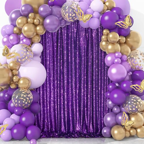 Image of Purple Sequin Backdrop 2 Pieces 2ftx8ft Wedding Glitter Curtain Backdrop Arch Fabric Drapes for Baby Shower Birthday Party Decoration