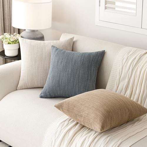 Image of Foindtower Set of 2 Decorative Textured Burlap Linen Throw Pillow Covers Farmhouse Boho Cushion Cover Solid Accent Pillowcase for Couch Sofa Bed Living Room Home Decor,18x18 Inch,Light Beige