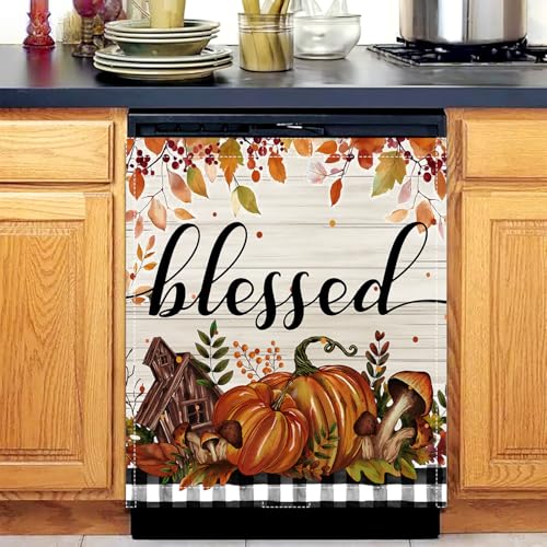 Image of Fall Pumpkin Dishwasher Magnet Cover Blessed Autumn Dishwasher Magnet Sticker for Kitchen 23x26 in Thanksgiving Decor Dish Washer Magnets Cover Refrige Magnets Panel Decal