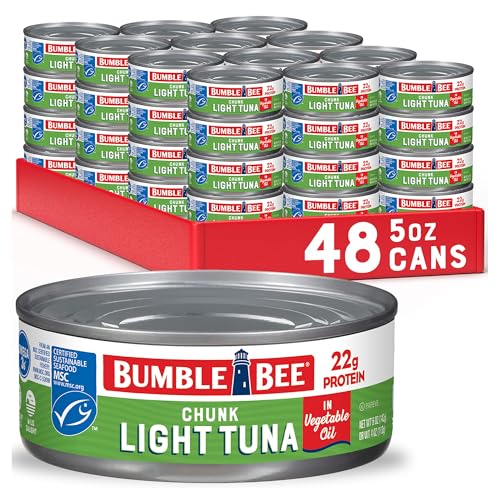 Bumble Bee Chunk Light Tuna In Oil, 5 oz Cans (Pack of 48) - Wild Caught Skipjack Tuna - 22g Protein Per Serving - MSC Certified Sustainable Seafood, Non-GMO, Gluten Free, Kosher
