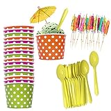 Ice Cream Sundae Kit - 6 Ounce Polka Dot Paper Treat Cups - Plastic Spoons - Paper Umbrellas -...