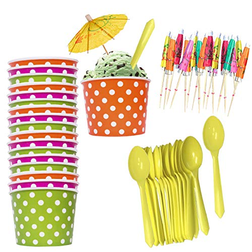 Ice Cream Sundae Kit - 8 Ounce Polka Dot Paper Treat Cups - Plastic Spoons - Paper Umbrellas - Orange Green Yellow Pink - 18 Each