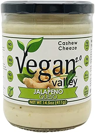 VEGAN VALLEY Jalapeno Cheeze Sauce - 14.5 oz - Shelf Stable, Cashew Based Nacho Cheeze - Certified Kosher, Gluten-Free, Soy-Free, and Dairy Free Cheese Great As Vegan Pasta Sauce, Dips, and More