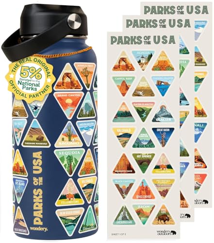 Wondery USA National Parks Water Bottle With 63 Waterproof Stickers of Parks (USA) 32 oz Stainless Steel Water Bottle for Traveling Hiking Camping National Park Gifts - OCEAN