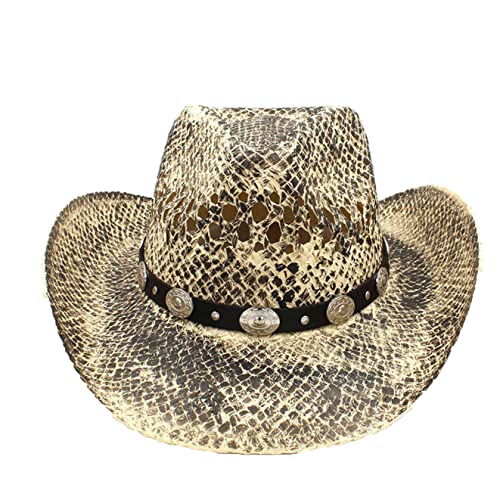 EBRICON Straw Cowboy Hat for Men Snakeskin Print Cowboy Cap Handmade Weave Hollow Women Cowgirl Hat Bohemian Leather Band