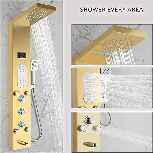 Image of ELLO&ALLO LED Shower Panel Tower System, Rainfall and Mist Shower Head Rain Massage with Body Jets, Brushed Gold