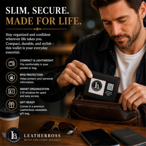 Image of LB LEATHERBOSS Slim Thin Leather Credit Card Triple ID Window Mini Wallet Bifold Driver License Safe (Black)