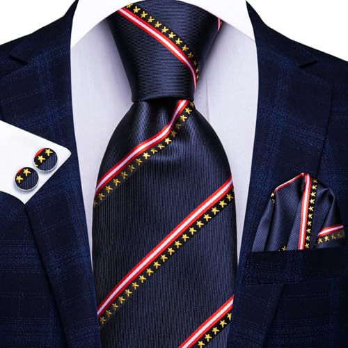 Image of Dubulle Mens Blue Red Tie and Lapel Pin Paisley Striped Floral Necktie for Men Pocket Square Cufflinks Wedding Party