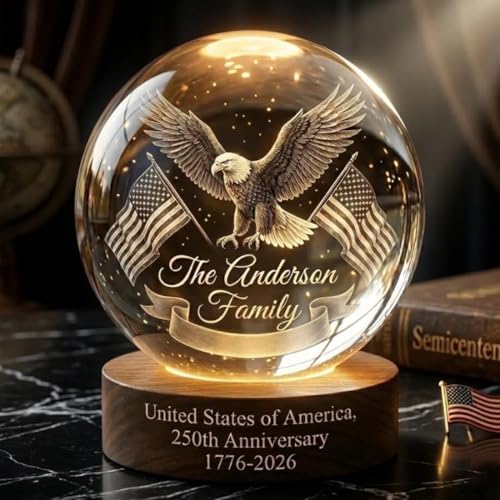 Image of Personalized 250th Anniversary Crystal Ball Night Light, Custom 1776-2026 USA LED Lamp, Engraved Patriotic Gift, American Independence Decor Light for Home, Desk, Veterans Day, 4th of July