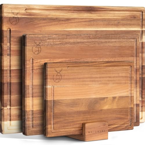 WALDWERK Tablas de Cocina (40x30 / 33x24 / 26x18 cm) de madera maciza de acacia – Juego de 3 tablas de cortar con soporte – Tabla cortar cocina de 2 cm de grosor con canal para jugos – Tablero madera