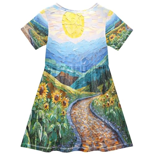ALAZA Sunflower Moon Night Oil Painting Girls Dress Short Sleeve Toddler Casual Dresses Summer Sundress 2-8T2