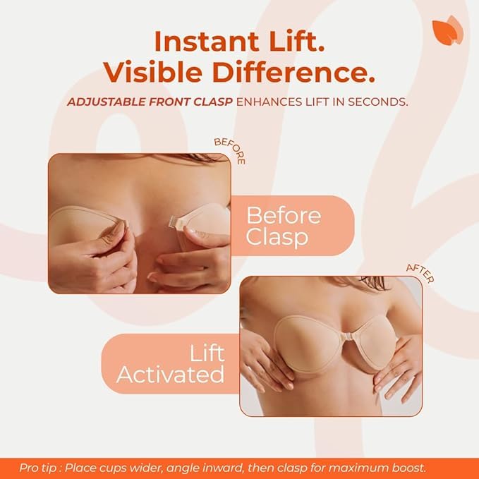 Image of Stick On Bra for Backless Dress | Adhesive Strapless Sticky Bra for Women, Full Coverage Strong Hold | Reusable Silicone Invisible Push-Up | Seamless | 5 Sizes S-XXL, Nude and Black