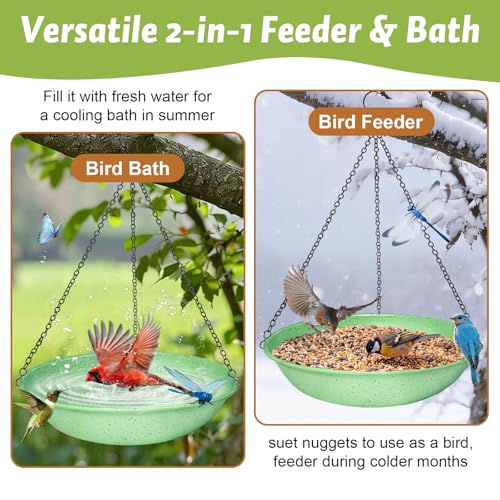 Image of 11 Inch Green Speckled Double Patchwork Metal Hanging Bird Bath Bowl | Equipped with 13.5 in rust-proof black chains, dual-use bird feeder decor for garden and backyard