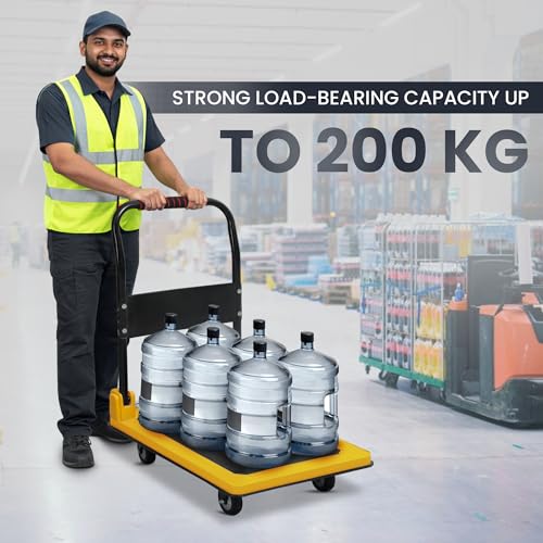 Image of Robustt 200 Kg Heavy-Duty Metal Foldable Platform Trolley (Yellow) | Hand Truck with 360 Rotating Wheels & Cushioned Grip | Material Handling Cart for Home, Office, Warehouse & Industrial Use