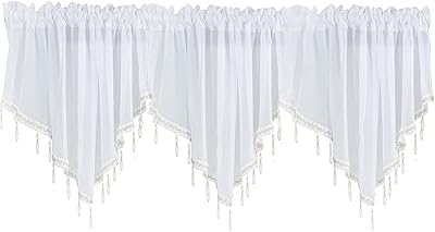 ANCLLO Mantovana con 3 pannelli, in voile trasparente, con motivo a righe, 130 x 60 cm, colore: Bianco