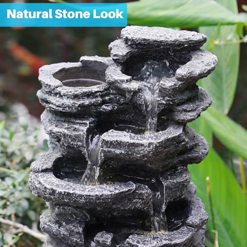 Biling 5-Tier Cascading Rock Outdoor Water Fountain with LED Lights and Artificial Fern, Outdoor Fountains and Waterfalls with Natural Stone Look for Garden, Patio, Backyard, Deck (Gray) - Thumbnail 2
