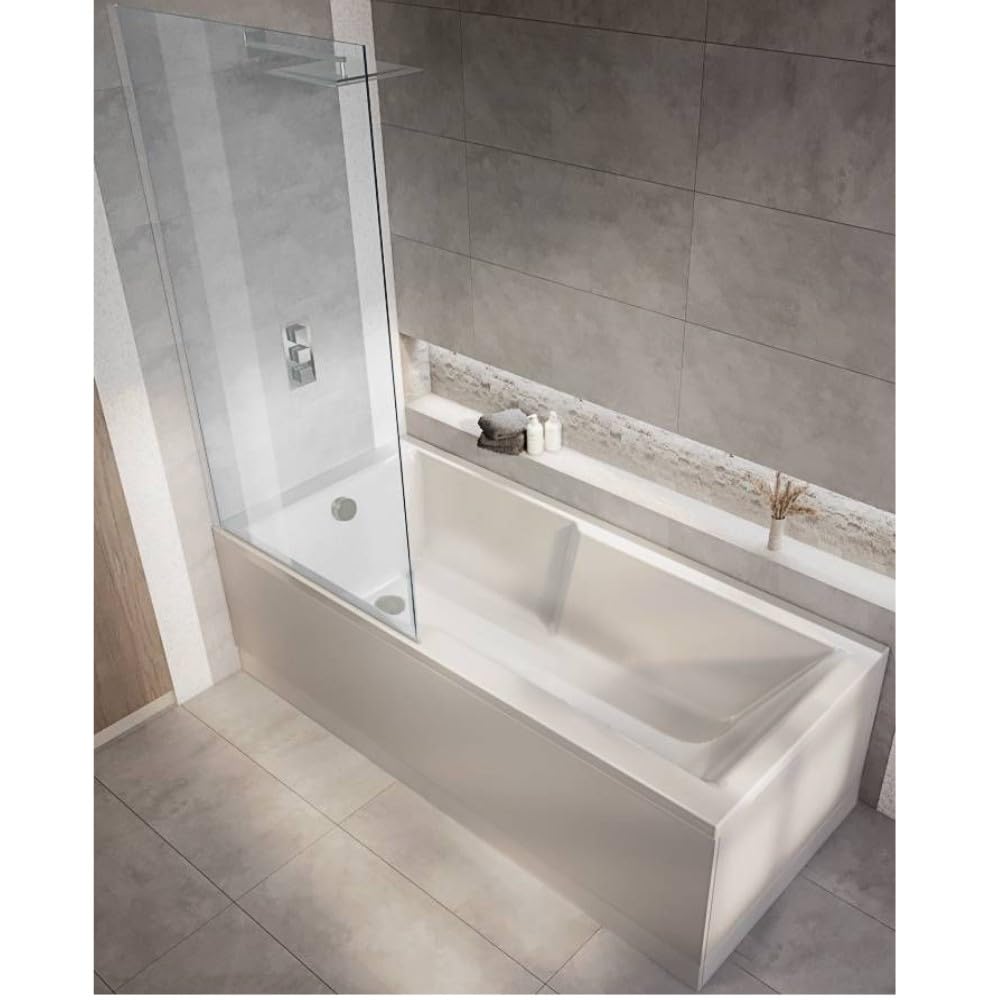 Milano Elswick White 1700mm x 750mm Single Ended Square Shower Bath Chrome Screen Panels