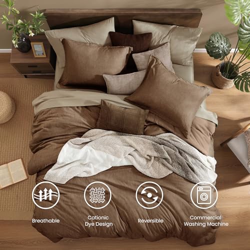 Monbix Full Size Comforter Set, Brown Bedding Comforter for Full Size Bed Set Reversible, Bedding Sets Full 7 Pieces, Cationic Dyeing Bed in a Bag with Comforter, Sheets, Pillowcases & Shams