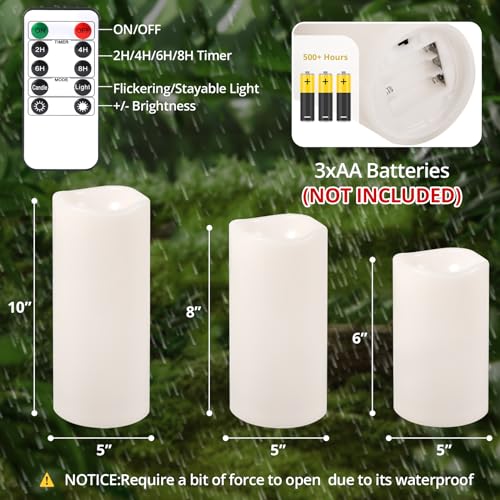 Image of NURADA Large Outdoor Flameless Candles 6 inch 8 inch 10 inch x 5 inch - Waterproof LED Pillar Flickering Candle Battery Operated with Timer Remote for Patio Porch Lanterns - Ivory White Set of 3
