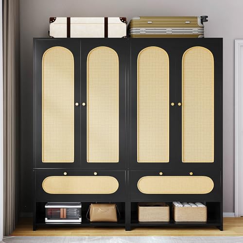 DWVO Rattan Armoire Wardrobe Closet Set of 2-70" Tall Rattan Closet with 4 Doors and 2 Drawers, Large Armoire Storage Cabinet with Drawers & Hanging Rod/Bedroom Armoire- Black