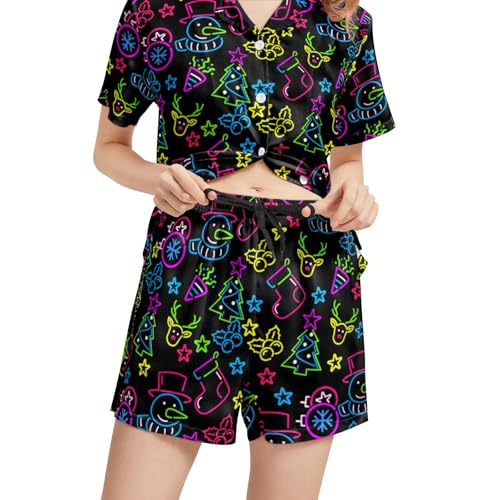 Image of Funny Satin Pajamas Set for Women Button Down Sleepwear Print Pjs Set 2 Piece Short Sleeve Loungewear Gift for Women