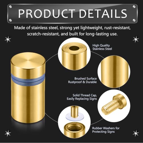 Image of Pelopy 24 Pcs Sign Standoff Screws Advertising Screws Stainless Steel Wall Standoff Mounts Glass Acrylic Nail (1 /2 x 3 /4 Inch,Gold)