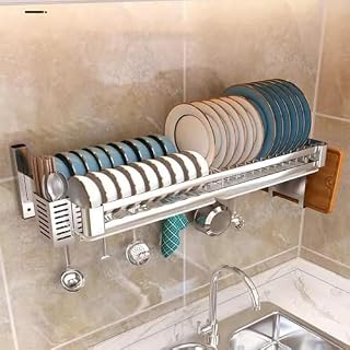 Kitchen Cabinet Expandable Corner Shelf Revolving Storage Rack,Hanging Dish Rack, Hanging Storage Dish Rack Kitchen Stainless Steel Dish Rack Large Dish Drainer Rack with Drain Pan(60x30x6.5