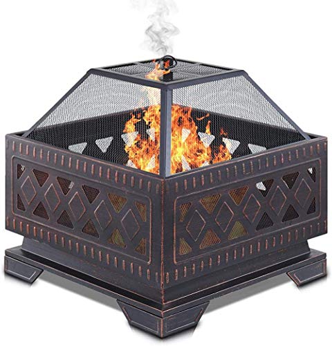 ZJFHEYUO Brasero para fogata con Inserto de Parrilla para Barbacoa con Malla Protectora contra chispas y atizador de Metal, Resistente a la Intemperie y al óxido, de 25' Cuadrados