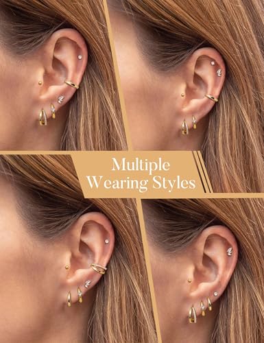 Florideco Small Gold Hoop Earrings 14K Gold Plated Hypoallergenic Flat Back Earrings Surgical Stainless Steel Cartilage Earring Sets for Multiple Piercing Trendy Earring Stacks Flatback Stud Earrings4