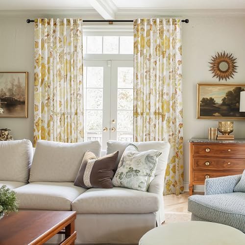 Image of XiDi Vintage Floral Curtains 63 inch Length 2 Panels Set for Living Room Back Tab Warm Farmhouse Bedroom Curtains Cottage Pretty Flower Patterned Linen Drapes Yellow Floral Pattern 52x63