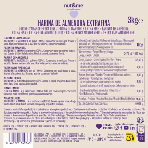 Mandelmehl 3 kg nut&me | Geeignet für ketogene Diäten | Glutenfrei | Vegan | Hoher Proteingehalt | Extrafein | Ideal zum Backen | PACK 3 kg