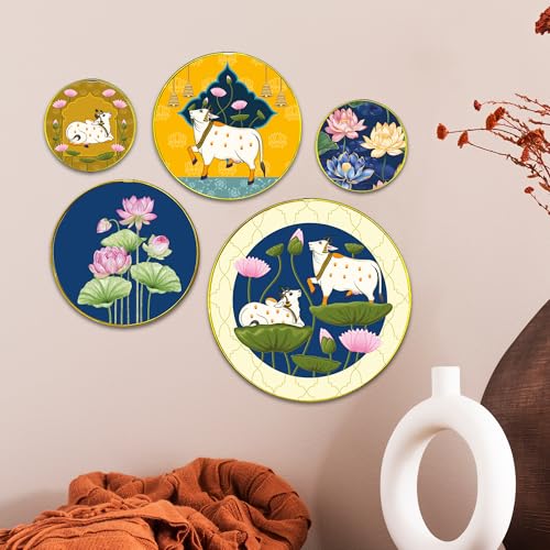 IT2M Wooden Framed Pichwai Cow Decorative Wall Plates for Wall and Home Decor Set of 5 (5GR1)