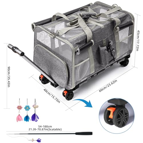 Tragbarer Transportwagen für Haustiere mit Rollen, faltbar, Fluggesellschaftsgröße für Katzen und Hunde bis zu 20 kg (60 × 40 × 45 cm), 2-in-1 abnehmbare Fächer, Grau + gratis Katzenspielzeug und