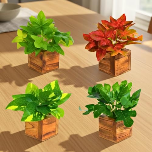 Image of DecoreBugs Artificial Leaves Potted Plants in Wooden Pot (4 Pack) Money Plant | Small Plants for Home Decor | Office Decor