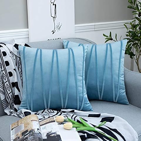 JUSPURBET Decorative Velvet Throw Pillow Covers with Velvet Striped,Pack of 2 Cushion Covers for Sofa Couch Bed,16x16 Inches,Light Blue Cover