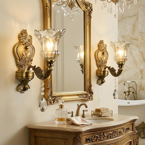 Image of Vintage Wall Sconce Set of 2, Antique Brass Wall Light with Pull Chain On /Off Switch, Elegant Wall Mounted Lamp with Crystal Bedside Wall Lamp for Entrance, Bedroom, Hallway