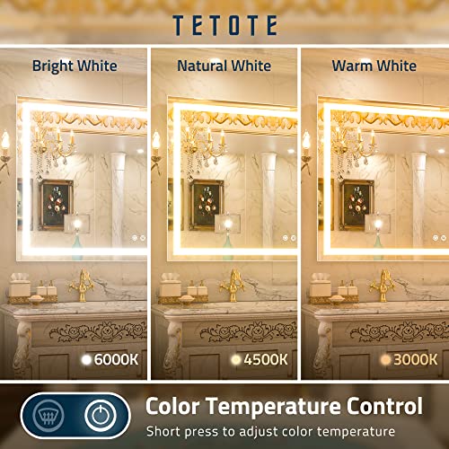 TETOTE LED Mirror for Bathroom 48 x 30 Inch Lighted Mirrors for Wall with Antifog, 3 Colors, Stepless Dimmable(Horizontal/Vertical)