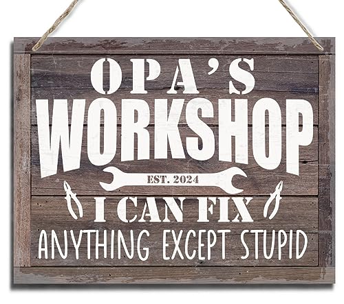 Image of Rustic Hanging Wood Wall Art Sign - 'Opa's Workshop I Can Fix Anything Except Stupid' - Vintage, Funny Grandpa's Gift