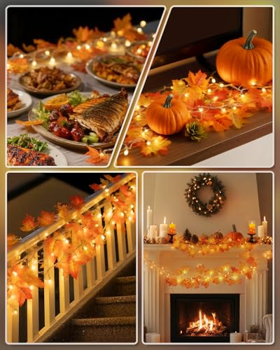 Fall Decor 2 Pack Lighted Fall Garland, Total 16.4ft 40 LED Thanksgiving Decorations Halloween String Lights, Friendsgiving Gift Thanksgiving Decor for Home Holiday Autumn Garland Indoor
