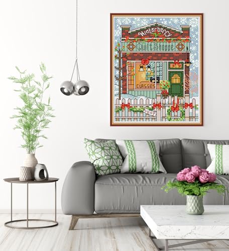 Image of CROSSDECOR Christmas Cottage Stamped Cross Stitch Kits 14CT Prestamped Easy Pattern Needlepoint Kits Crafts for Decor Embroidery Starter Kits DIY Cross Stitch Kits for Adults 17x15cm