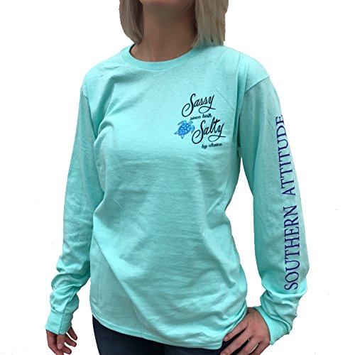 Southern Attitude Salty by Choice Sea Turtles Sea Foam Green Long Sleeve Women's Shirt (Large)