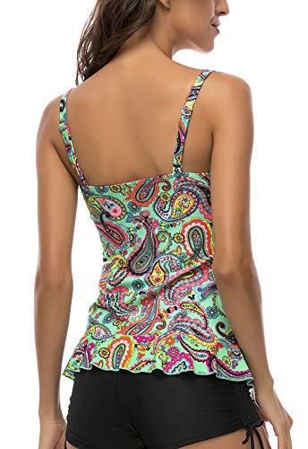 Image of Women's 50's Retro Ruched Tankini Swimsuit Top with Ruffle Hem Tummy Control
