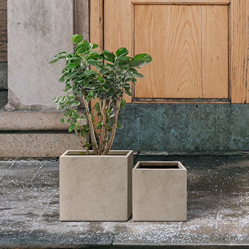 Kante Set Of 2 Lightweight Concrete Modern Square Outdoor Planters, 16 And 12 Inch Tall, Weathered Concrete #TOP1